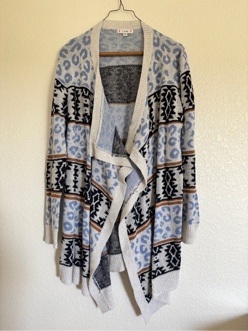 L Love Light Blue Patterned Open-Front Women's Cardigan Sweater Size Medium